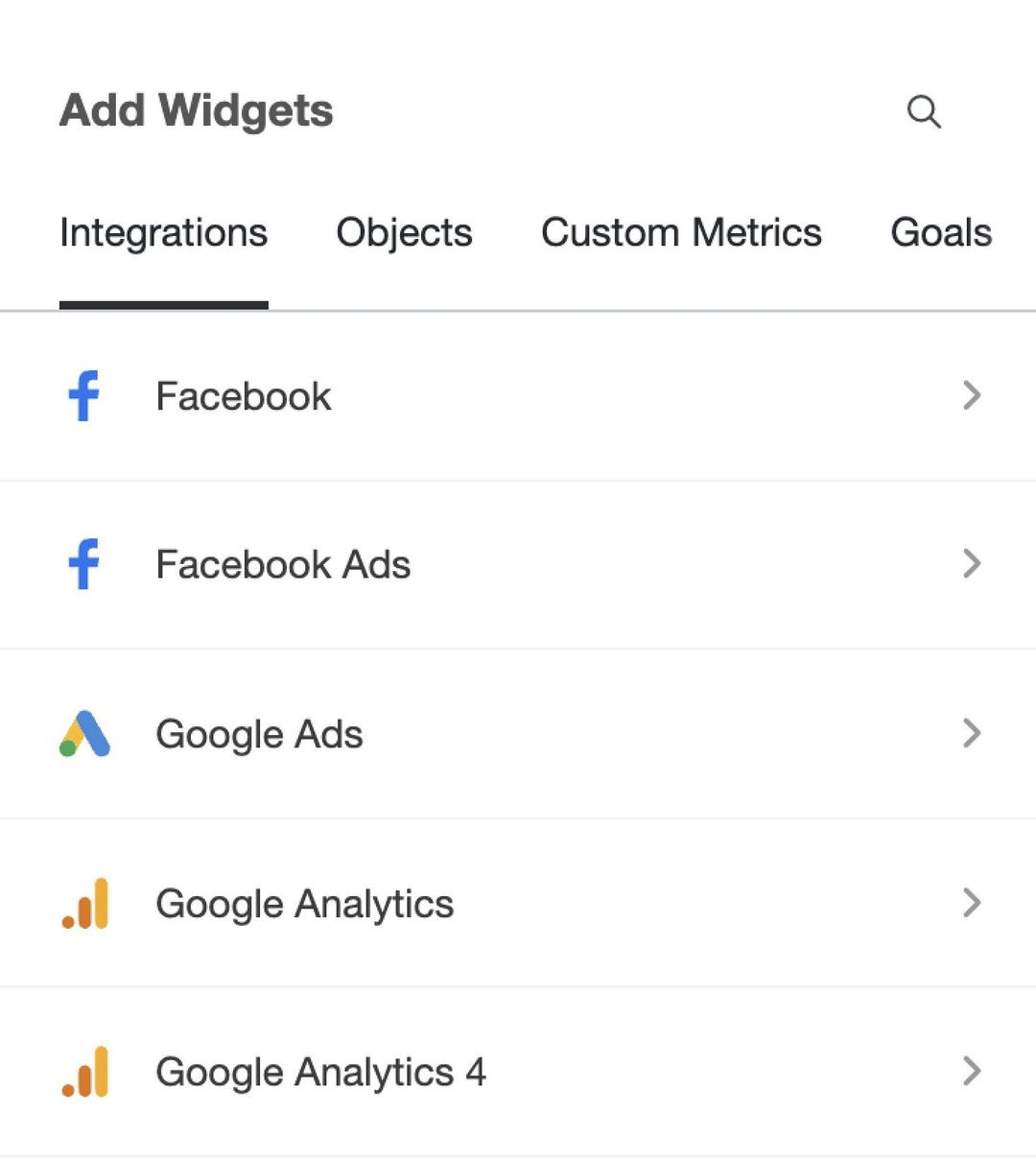 Eine Liste von Widget-Integrationen, einschließlich Facebook, Facebook Ads, Google Ads, Google Analytics und Google Analytics 4 unter dem Abschnitt "Widgets hinzufügen".